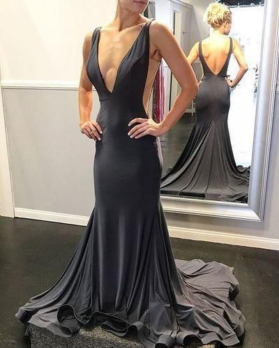 Sexy Black Simple Mermaid Prom Dress Deep V Neck Open Back Satin Formal dress  cg11132