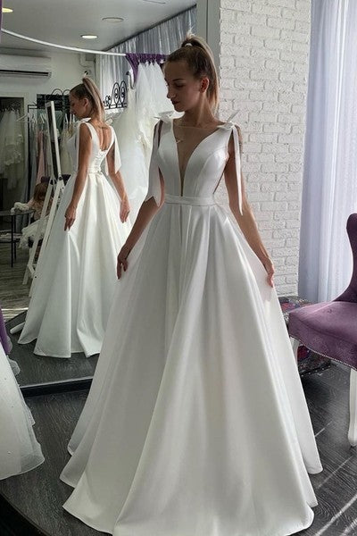 Simple White Satin A Line Wedding Dress Sexy Open Back prom dress   cg11134