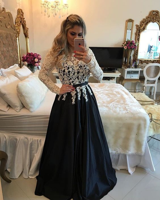 Ivory / Black Satin A Line Long Sleeve Prom Dress, Evening Gown With Lace Top   cg11137