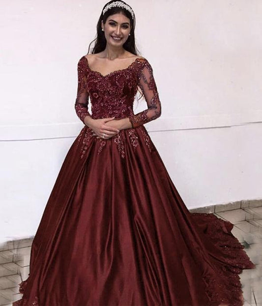 Burgundy lace long sleeve prom dress formal dress   cg11146