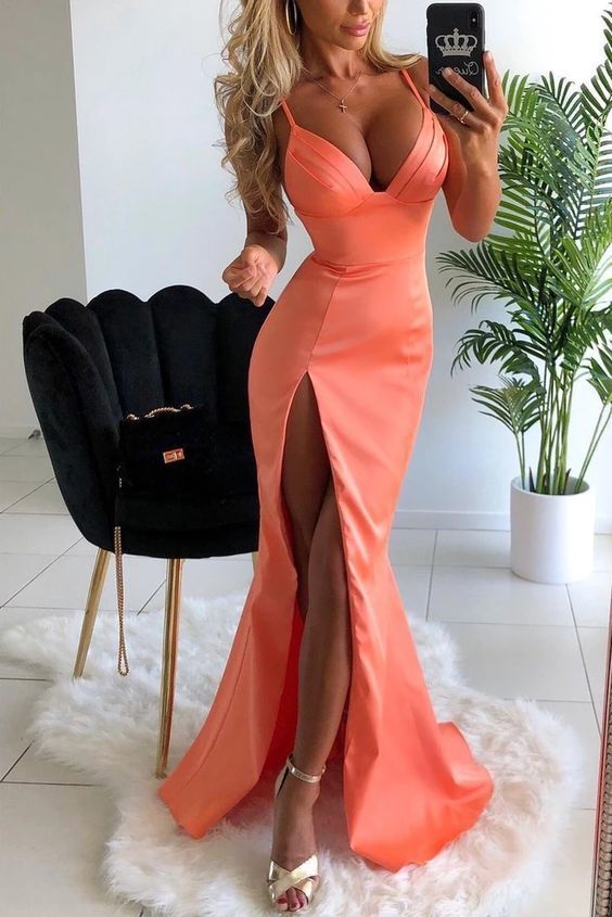 Sexy Orange Mermaid Spaghetti Straps V-neck Prom Dress    cg11155