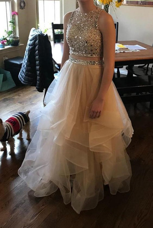 2 Stück Pailletten Ballkleid mit offenem Rücken Abendkleid Ballkleid Champagner Perlenbesatz cg11161