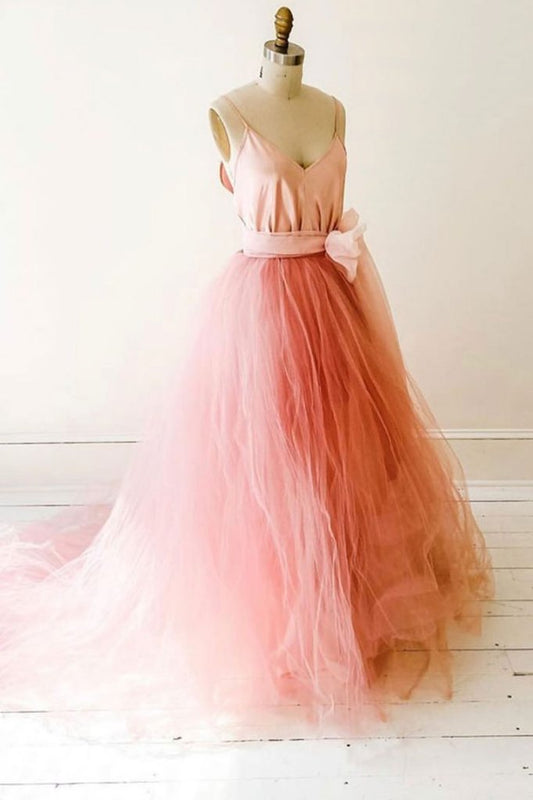 PINK V NECK TULLE LONG PROM DRESS PINK TULLE FORMAL DRESS   cg11176