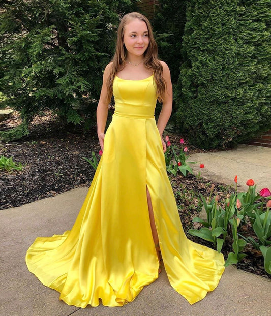 YELLOW SATIN LONG PROM DRESS SIMPLE EVENING DRESS    cg11177