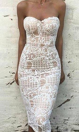 White Lace Strapless Sweetheart Neck Bodycon Midi Dress prom gown  cg11178