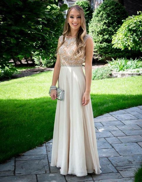 Champagne round neck A-line chiffon long prom dress. evening dresss    cg11180