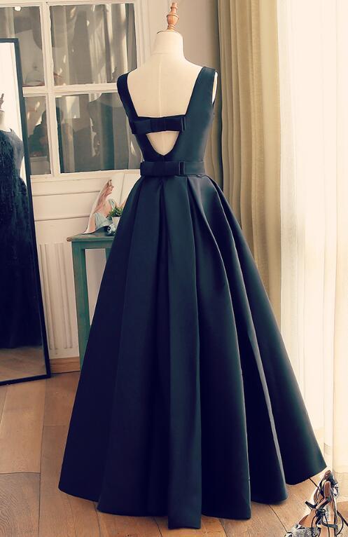 Black Round Neckline Satin Long Party Dress, A-Line Floor Length Evening Dress Prom Dress   cg11204