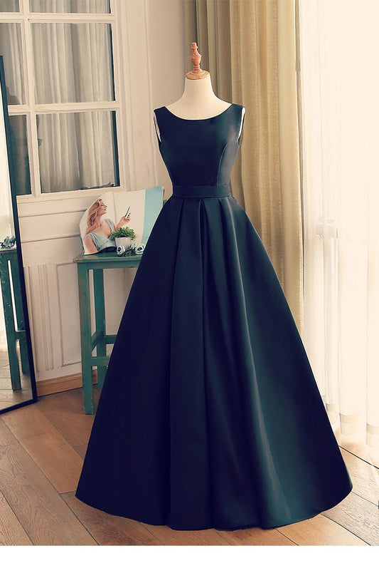 Black Round Neckline Satin Long Party Dress, A-Line Floor Length Evening Dress Prom Dress   cg11204