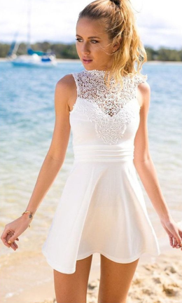 A-Line Jewel Sleeveless Short Open Back White Stretch Satin Homecoming Dress with Lace cg1121