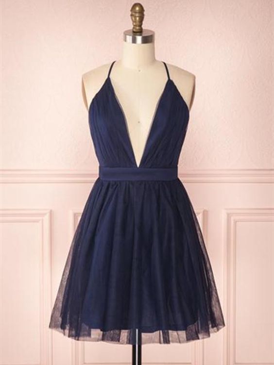 A Line V Neck Navy Blue Short Dresses, Navy Blue Homecoming Dresses   cg11212