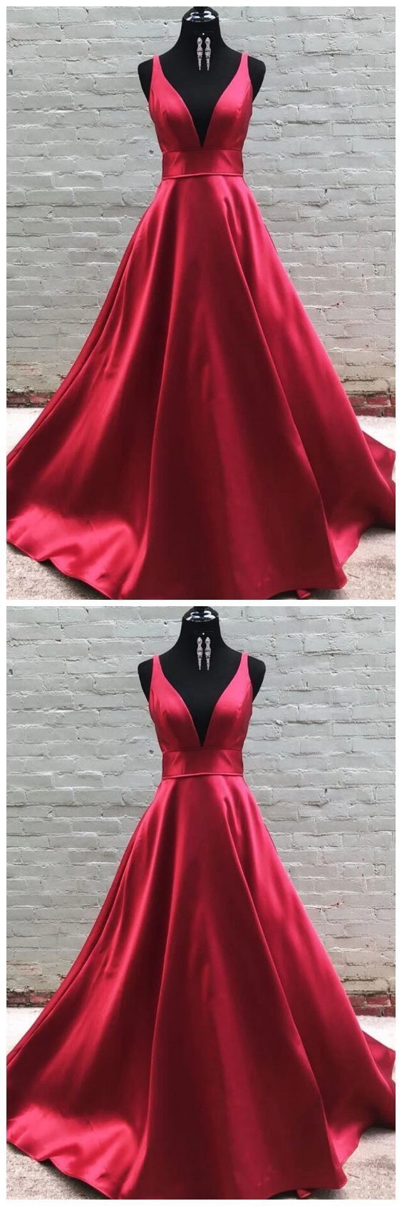 Simple V Neck Burgundy Satin Long Prom Dress   cg11220