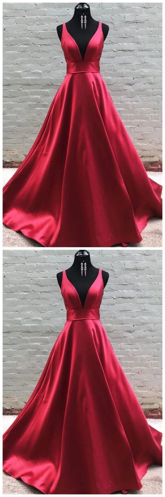 Simple V Neck Burgundy Satin Long Prom Dress   cg11220