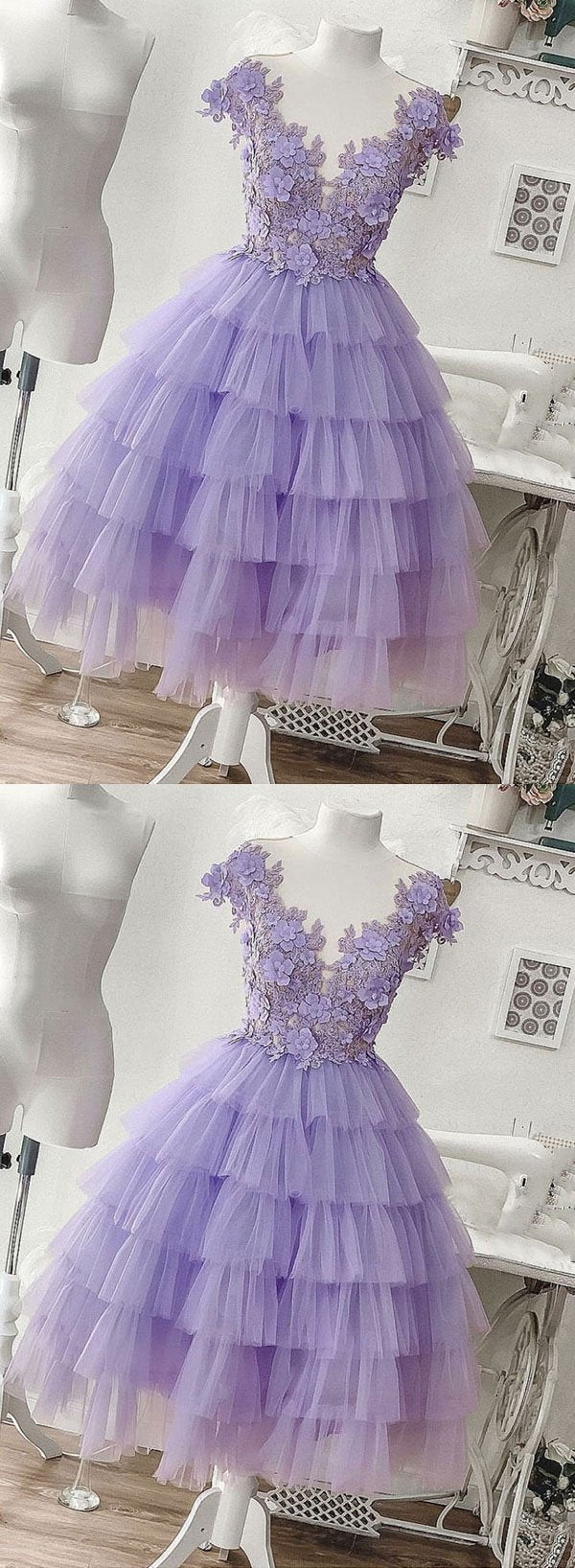 Purple tulle appliqué short homecoming dress, homecoming dress cg1123