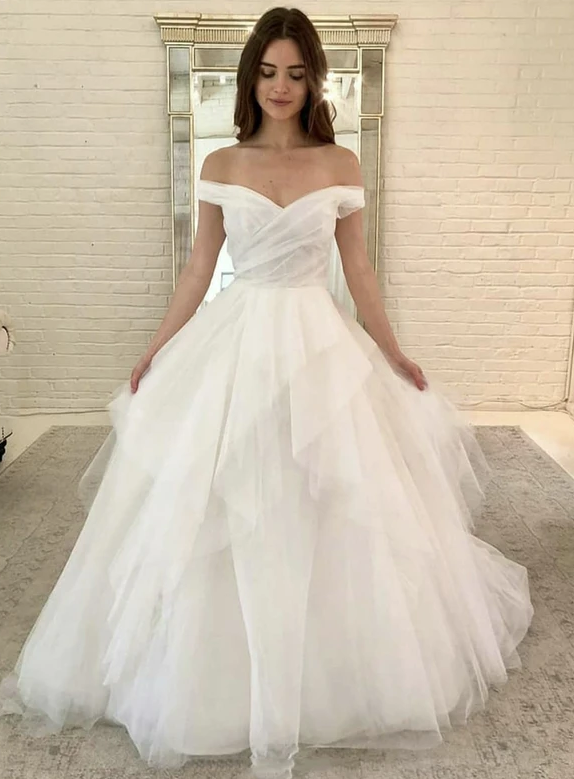 White off shoulder tulle long ball gown dress Prom Dress  cg11240
