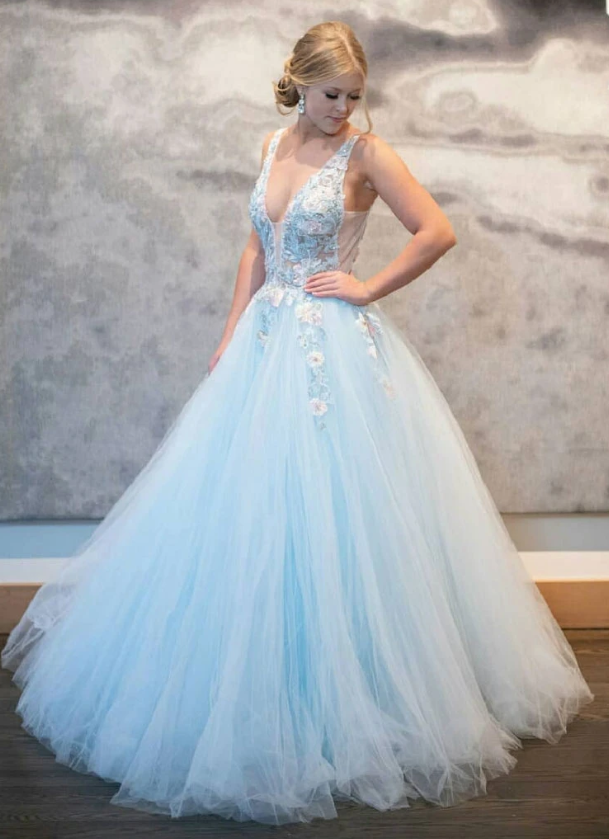 Blue v neck tulle lace long prom dress blue tulle formal dress   cg11243