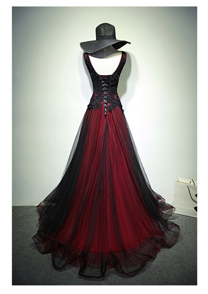 Gorgeous Black And Red V-Neckline Tulle Beaded Prom Dress, Long Evening Gown   cg11267