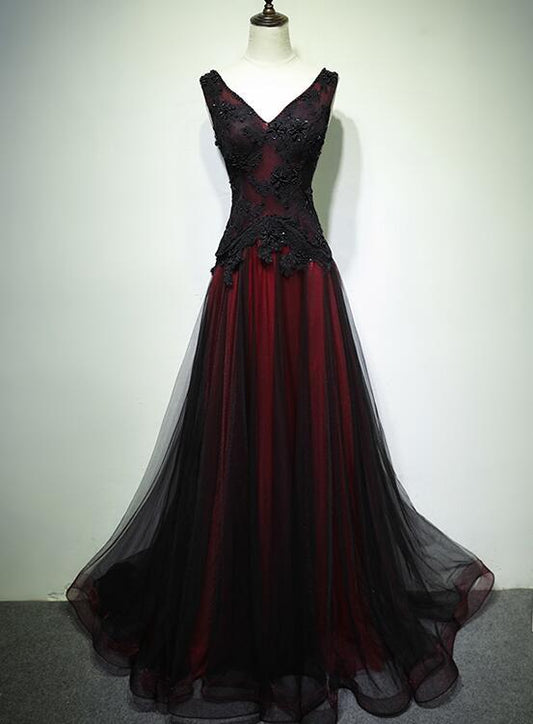 Gorgeous Black And Red V-Neckline Tulle Beaded Prom Dress, Long Evening Gown   cg11267