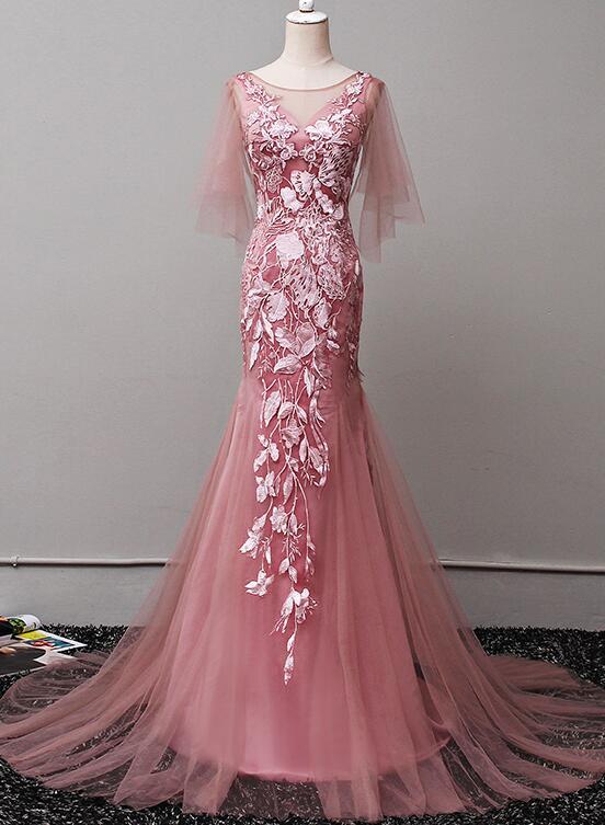 Dark Pink Tulle Mermaid Long Formal Dress With Floral Lace, Long Evening prom Dress   cg11269