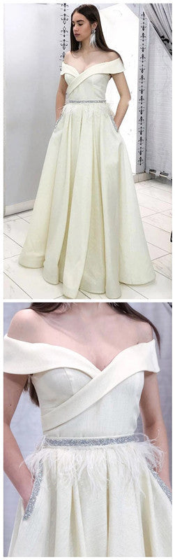 Elegant Off the Shoulder Beading Ivory Evening Dress with Pockets  Prom Dress    cg11277