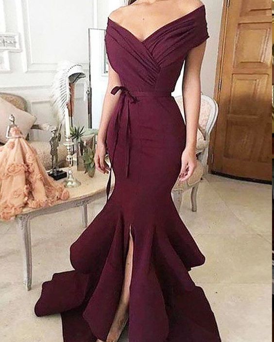 Burgundy Mermaid Off the Shoulder Ruched Prom Dress with Front Slit    cg11279
