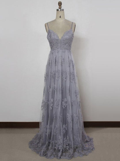 Sheath Spaghetti Straps Sweep Train Backless Tulle Prom Dress with Appliques   cg11280