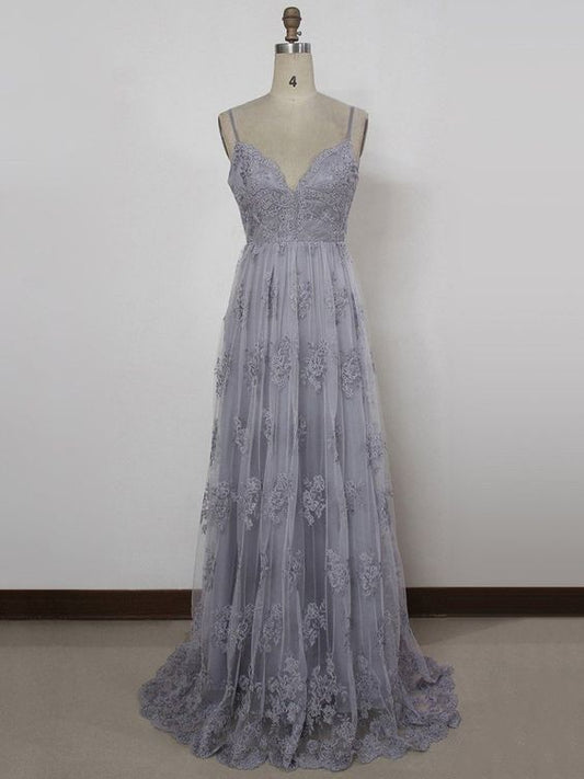 Sheath Spaghetti Straps Sweep Train Backless Tulle Prom Dress with Appliques   cg11280