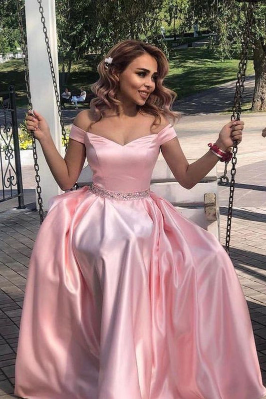 elegant off the shoulder satin pink long formal dress prom dress with beaded sash   cg11297