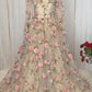 Champagne v neck tulle 3D flowers long prom dress champagne evening dress   cg11306