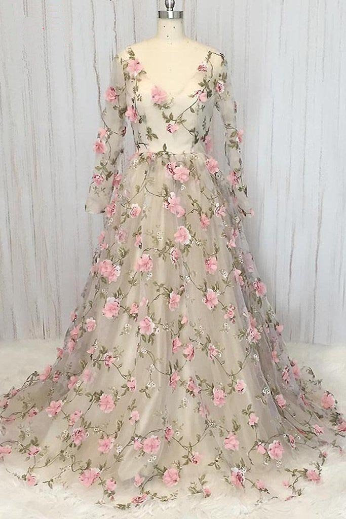 Champagne v neck tulle 3D flowers long prom dress champagne evening dress   cg11306