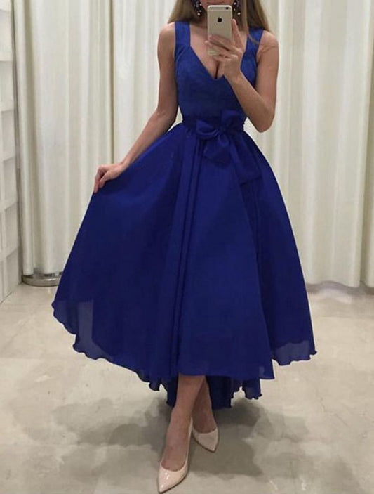 Royal Blue High Low Dress With Bow prom Dress   cg11321