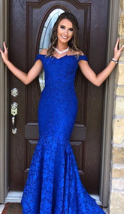 Off Shoulder Royal Blue Lace Mermaid Long Evening prom Dress   cg11334