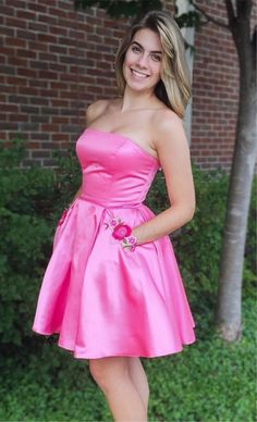 A-Line Strapless Above-Knee Fuchsia Homecoming Dress with Appliques Pockets   cg11335