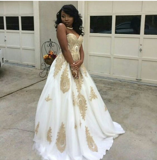 Sweetheart Long Prom Dress With Gold Lace    cg11339