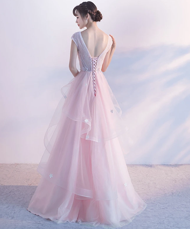 Beautiful Pink Flower Tulle And Satin Long Evening Dress, Pink Formal prom Dress   cg11348