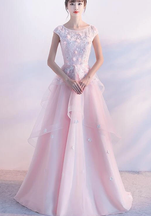 Beautiful Pink Flower Tulle And Satin Long Evening Dress, Pink Formal prom Dress   cg11348