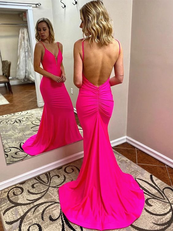 V Neck Hot Pink Mermaid Long Prom Dresses, Hot Pink Mermaid Formal Evening Dress   cg11355