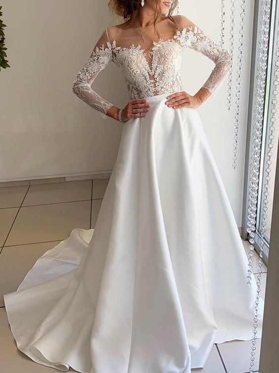 Elegant Long Sleeve White Satin Lace Wedding prom Dresses   cg11375