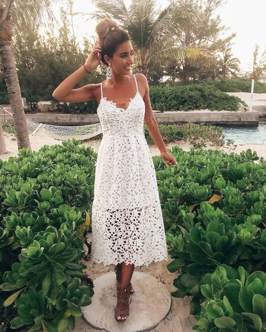 Cute V Neck Spaghetti Straps White Lace Party Dresses  prom Dresses   cg11376