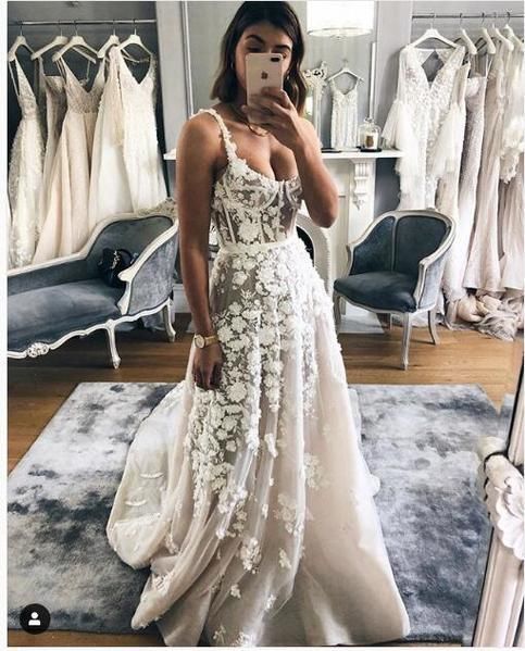 Luxury Wedding Dress Sexy Scoop 3D Flowers Champagne Wedding Bridal Gowns  prom Dresses   cg11378