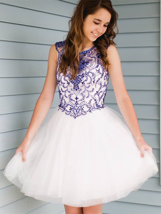 Cute A-Line Round Neck White Tulle Short Homecoming Dress   cg11383