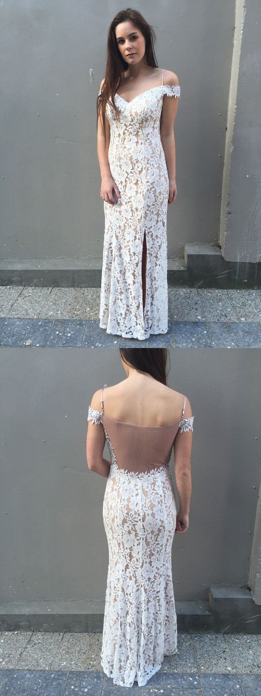 Elegant Off the Shoulder White Lace Mermaid Long Prom Dresses   cg11384