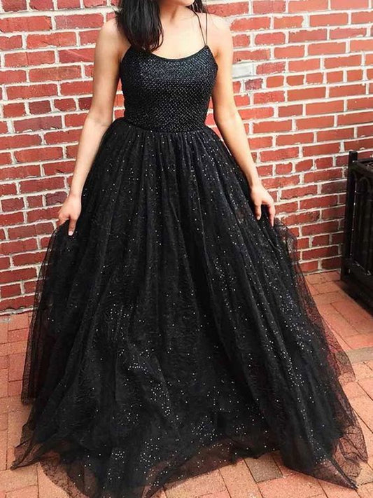 Stunning A-Line Scoop Neck Cross Back Black Sequins Tulle Long Prom Dresses    cg11388