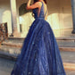 Gorgeous A-Line V Neck Open Back Navy Blue Beaded Long Prom Dresses   cg11391