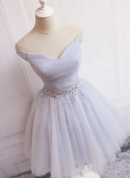 Charming Sliver Grey Short Beaded Tulle Party Dress homecoming Dress   cg11394