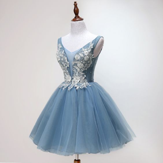 Blue Short Applique Tulle Homecoming Dresses   cg11396