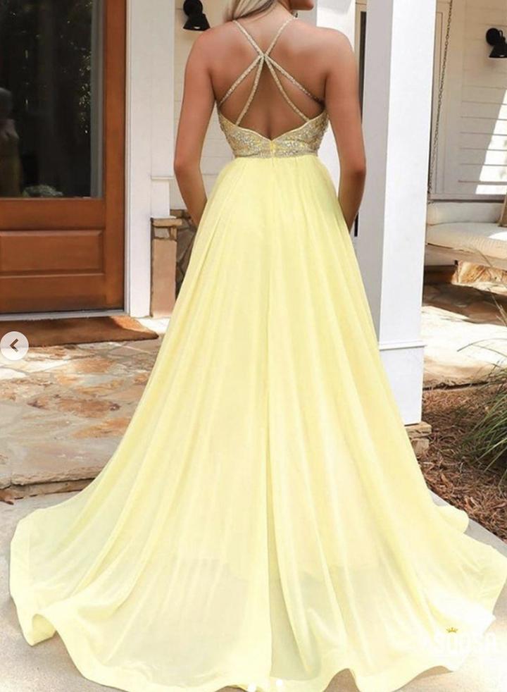 Champagne v neck tulle long prom dress   cg11407