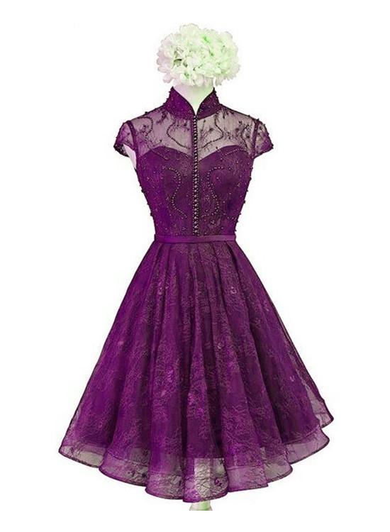 Beautiful Purple Lace Knee Length High Neckline Party Dress, Lace Wedding Party Dress Homecoming Dress    cg11408