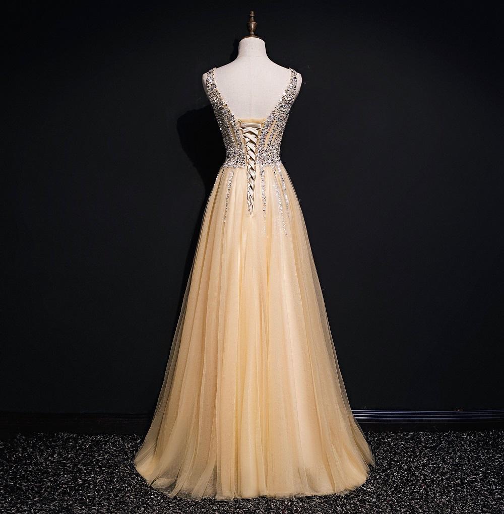 Light Champagne Sequins Shiny Tulle Long Prom Dress, Elegant Party Dress   cg11409