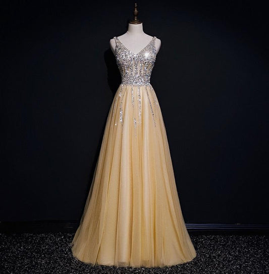 Light Champagne Sequins Shiny Tulle Long Prom Dress, Elegant Party Dress   cg11409