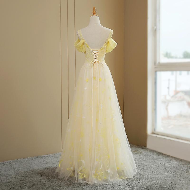 Beautiful Light Yellow Tulle Off Shoulder Evening Dress, Fashion Long Prom Dress   cg11412